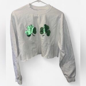White cropped long sleeve sweatshirt with Green Shamrock Design